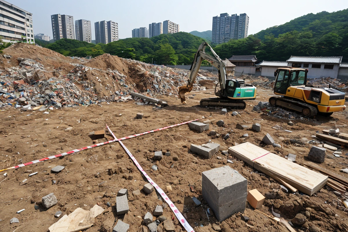 서울 성동구 용답동의 주택 철거 후 정리된 현장에서, 철거된 재료가 깔끔하게 분리된 모습. 건물의 잔해가 정리된 흙 위에 철거된 구조물의 일부가 놓여 있으며, 주변에는 철거 전 건