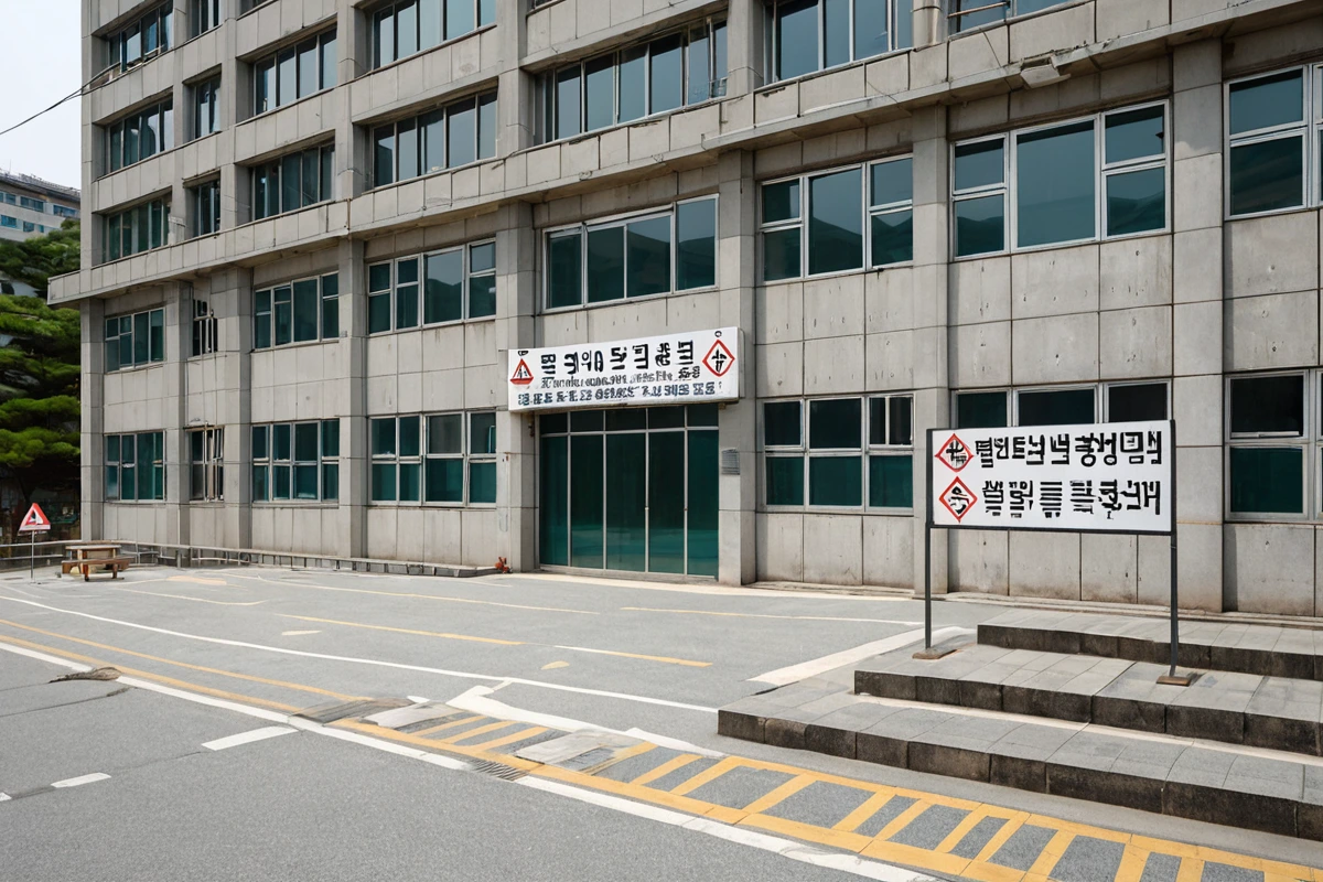 서울 성동구 용답동의 중소 규모 학원 건물 외관, 교실과 강의실이 배치된 구조의 건물, 철거 전 점검을 위해 건물 외부에 설치된 안전 경고 표지판과 함께 건물의 구조적 특징을 보여