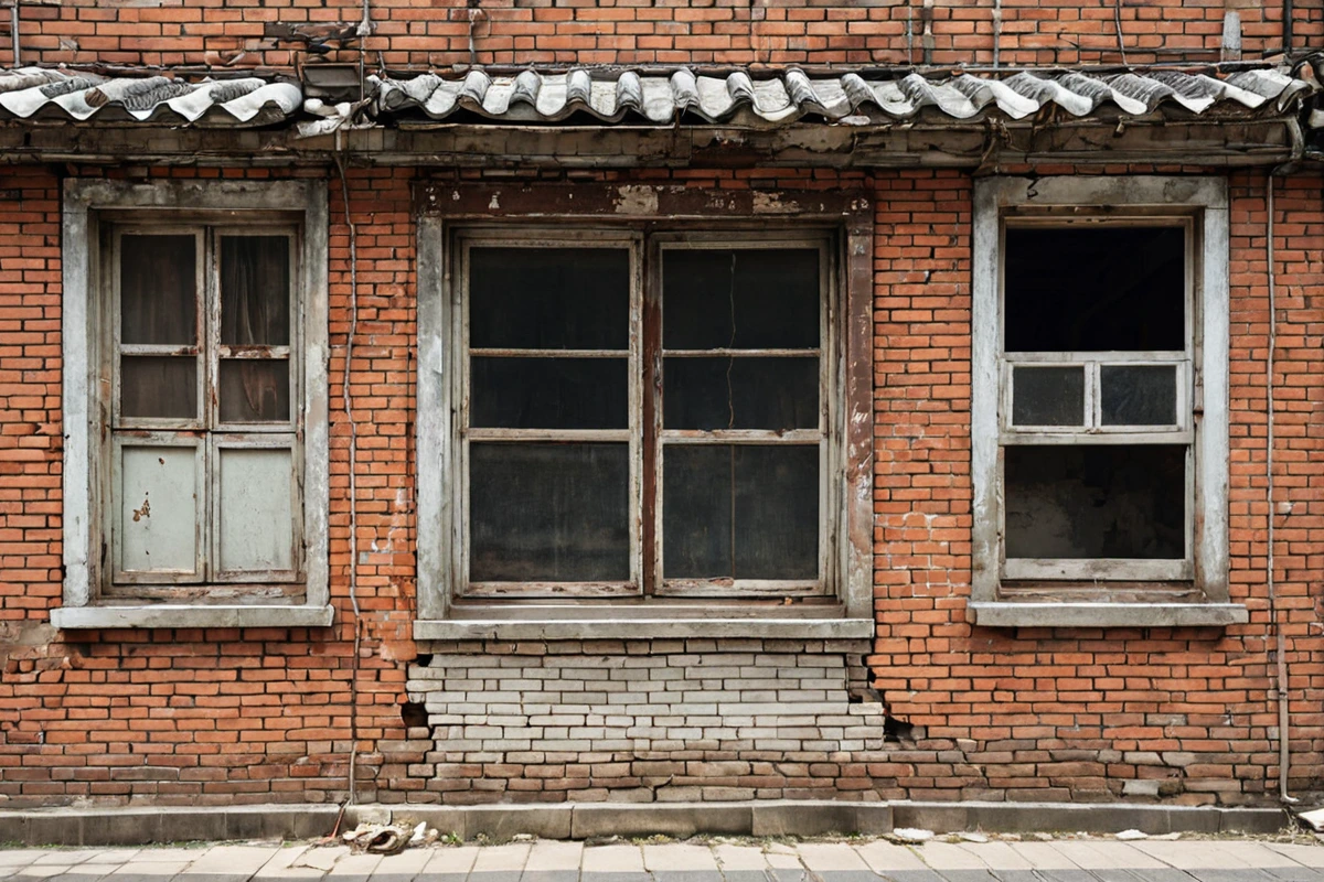 서울 성동구 응봉동의 1970년대 건물 외벽과 구조적 결함이 드러난 창문, 건물의 연식과 재료를 정확히 파악하기 위한 현장 점검 장면. 건물 벽면에 흠집과 녹이 슬어 있는 모습이