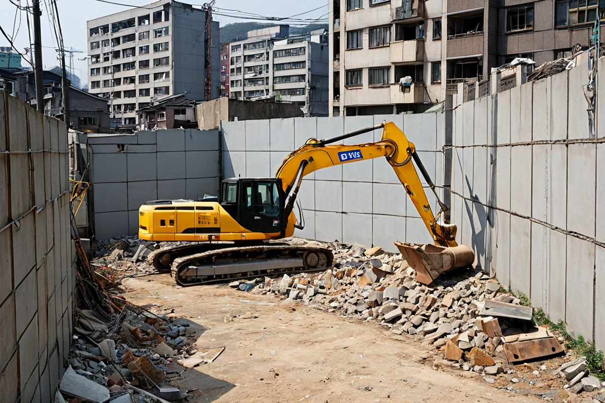 서울 성동구 응봉동 주거 지역 인근의 철거 현장, 주변 건물과의 거리가 조절된 소음 방지 울타리가 설치된 모습. 철거 작업 준비 중인 빈 공간과 철거 장비가 정리된 배경.