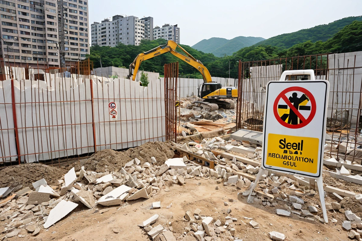 서울 성동구 행당동의 주거 지역에서 철거 작업 중인 전문 장비가 먼지 방지 펜스로 둘러싸인 모습. 철거 중인 가벽의 석고보드 파편이 정리된 바닥 위에 놓여 있으며, 안전 경고 표지