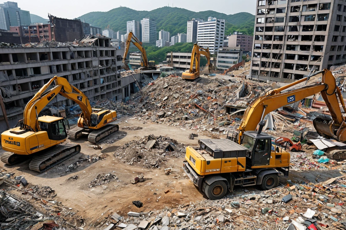 서울 성동구 행당동의 주택 철거 현장에서 철거된 건물 잔해와 철거 장비가 정리된 모습. 폐기물 운반을 위해 준비된 트럭이 배경에 서 있는 자연스러운 장면.