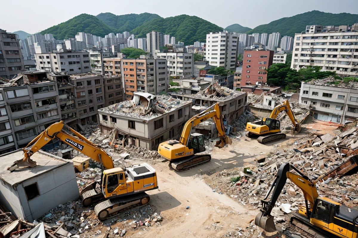 서울 성북구 길음동의 주택 철거 공사 현장 주변의 주민 건물과 철거 장비가 거리를 두고 조화롭게 배치된 모습. 철거 공사 중인 건물과 주변 건물의 거리가 적절히 보이는 사실적인 장