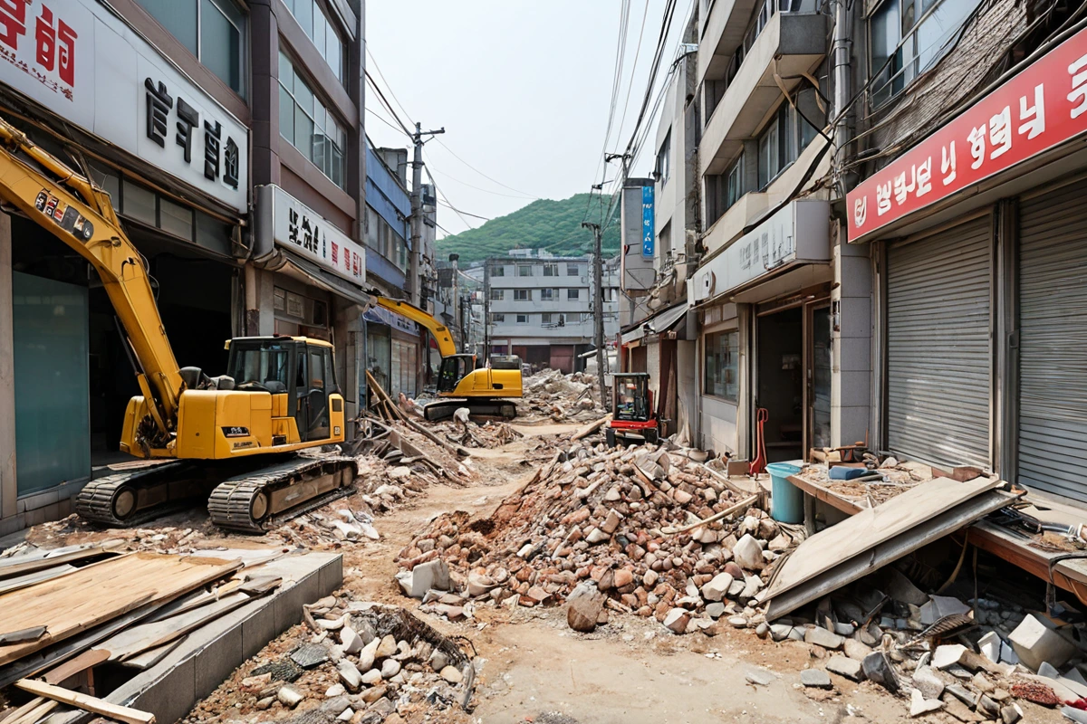서울 성북구 돈암동 도심 내 소규모 상가 지역의 식당 철거 현장. 철거 중인 식당의 조리대와 배관 시스템이 드러나는 모습. 주변 상가 건물의 외관과 철거 작업 중인 장비가 자연스럽