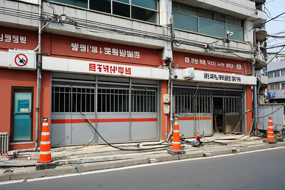 서울 성북구 돈암동 상가 건물 외부, 상점 인테리어와 전기·가스 시설이 복합적으로 배치된 상업용 건물의 철거 전 모습, 구조적 점검을 위한 안전 울타리가 설치된 채로 정리된 공간