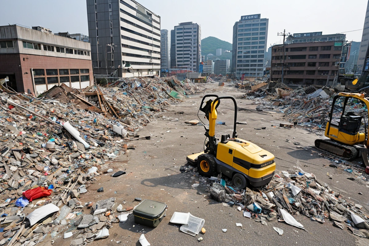 서울 성북구 돈암동 상가 원상복구 작업 중인 철거 후 청소 현장, 철거된 구조물 제거된 공간에 청소 중인 청소 장비와 청소용품이 정리된 모습