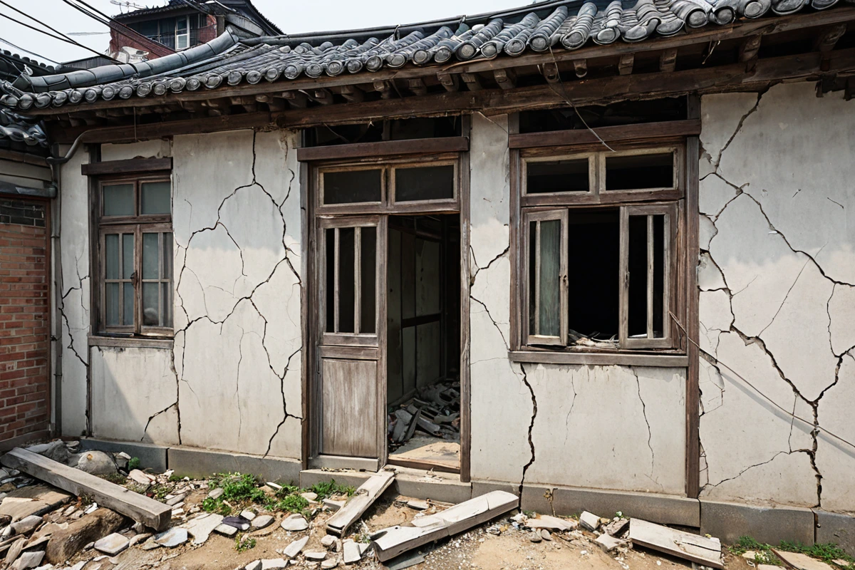 서울 성북구 돈암동 오래된 주택의 구조적 문제를 보여주는 철거 전 현장. 벽면의 균열과 노후된 구조물의 모습이 자연스럽게 드러납니다.