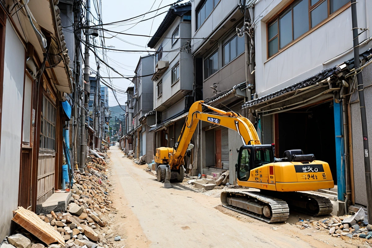 서울 성북구 돈암동의 좁은 골목에서 철거 작업을 준비하는 중인 철거 장비와 주변 건물의 모습. 좁은 도로와 옆 건물이 가까이 위치한 상황을 자연스럽게 보여줍니다.