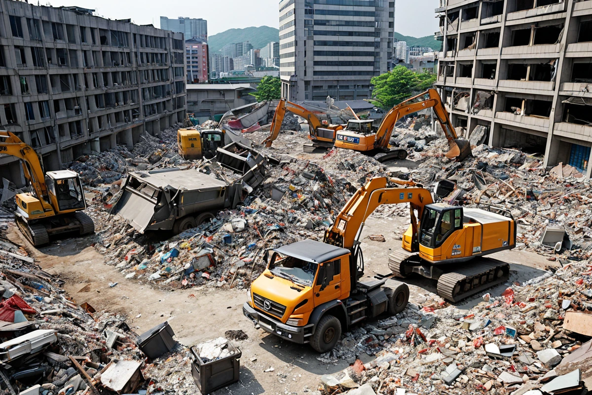서울 성북구 돈암동의 철거 현장에서 전문 업체가 사용하는 철거 장비와 폐기물 처리 차량이 함께 정리된 모습. 철거 후 깔끔하게 정리된 공간과 철거 방법에 따른 재료 분류가 잘 드러