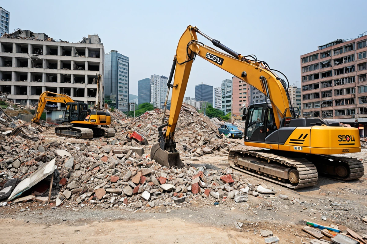 서울 성북구 돈암동 지역의 철거 현장에서 작업 중인 철거 장비와 철거 전문업체의 차량, 지역 전문 경험을 상징하는 표시물 없이 깔끔하게 정리된 철거 현장