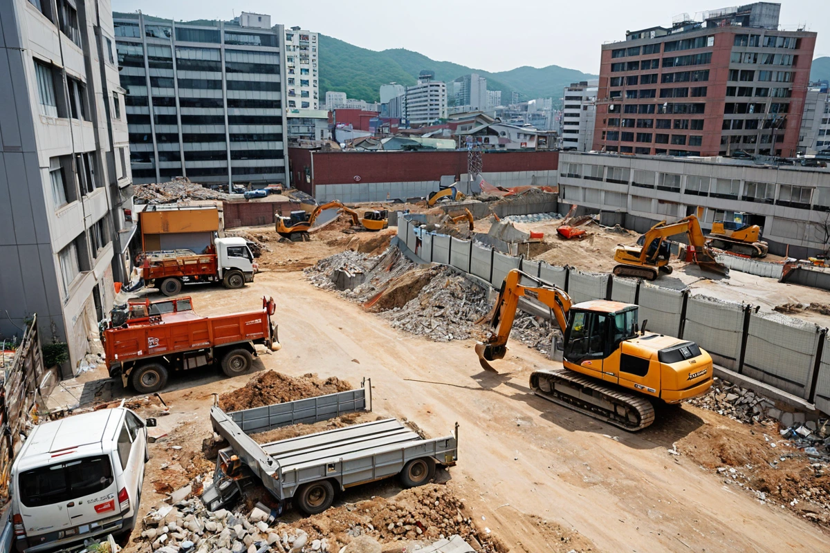 서울 성북구 동선동 상가 철거 현장, 주변 건물과 차량이 보이는 철거 작업 중인 공사 현장. 안전 울타리와 보호 장치가 설치되어 있는 모습.