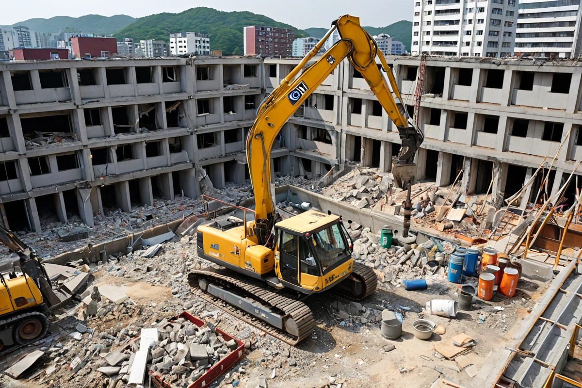 서울 성북구 동선동의 30평형 주택 철거 현장. 건물 외벽에 철거 작업 중인 라이너가 보이고, 철거 장비가 정리된 공간에서 건물 구조를 확인하는 모습. 일반적인 철거 비용 기준을 