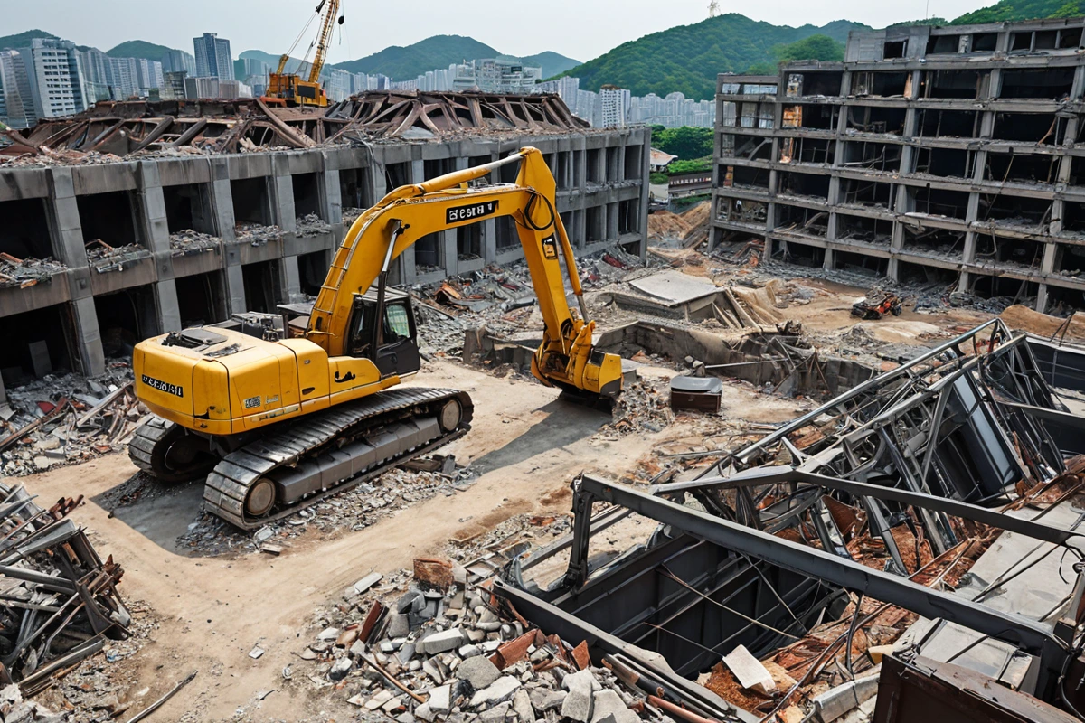 서울 성북구 동선동 철거 공사 현장에서 전문 철거 장비가 안전하게 작동하는 모습. 장비의 세부 구조와 현장의 철거 작업 과정이 자연스럽게 드러나는 사진.