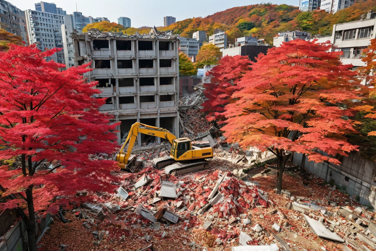서울 성북구 보문동의 가을철 철거 현장, 단풍이 물든 나무와 함께 철거 작업 중인 대형 장비의 모습, 철거된 건물 잔해가 청소 중인 풍경