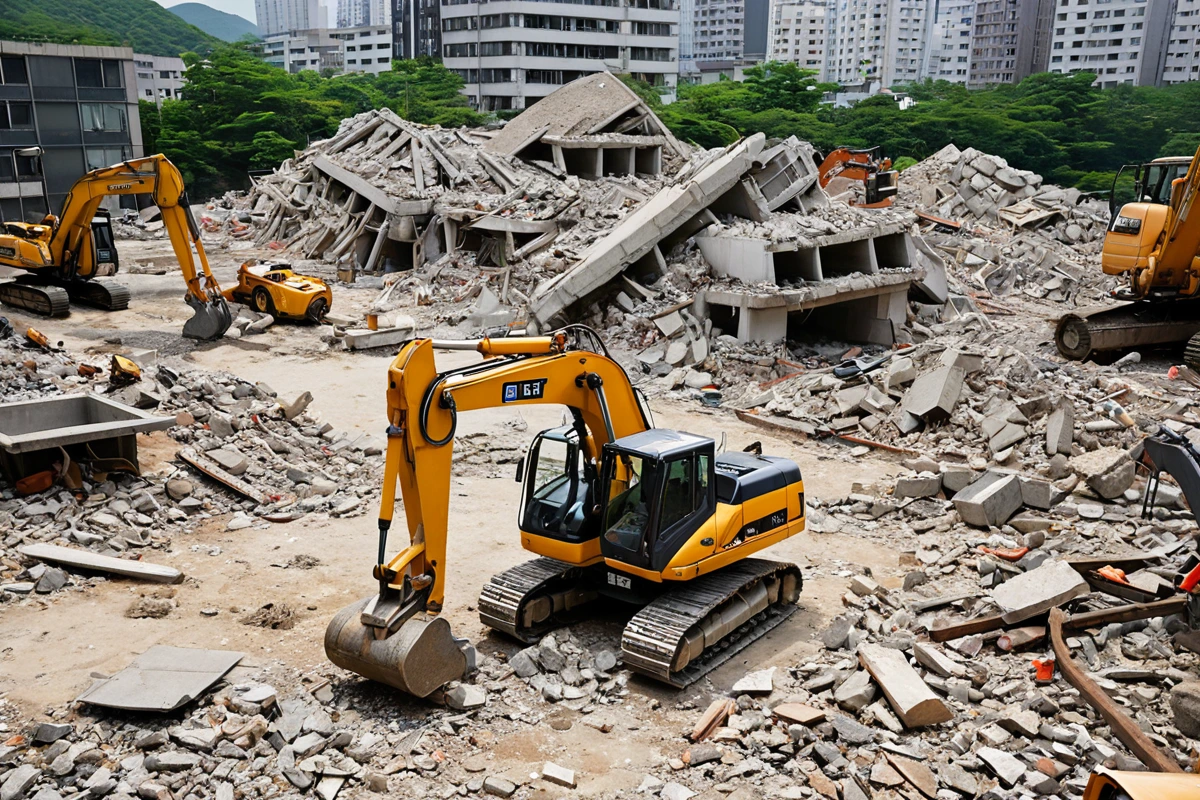 서울 성북구 보문동의 주택 철거 현장, 건축물의 잔해와 철거 장비가 정리된 공간, 철거 전 허가서가 놓인 테이블 위에 표기된 공문서와 철거 절차 관련 문서가 배치된 모습