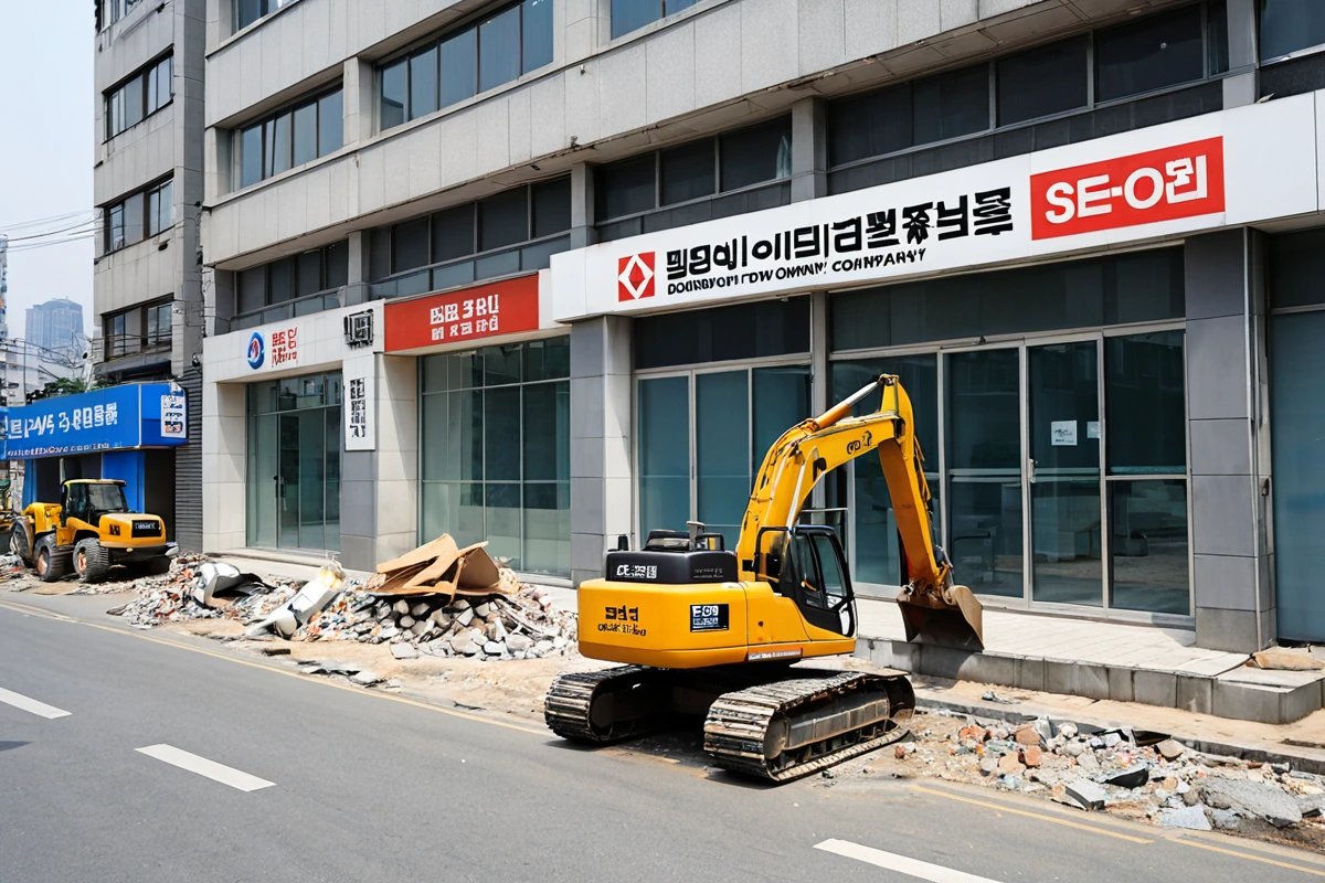 서울 성북구 보문동의 철거 전문 업체 사무실 외부, 철거업 등록증과 재해보험 표시가 있는 간단한 간판이 달린 건물. 철거 장비가 정리된 현장 옆에 철거 업체의 간판이 눈에 띄게 설