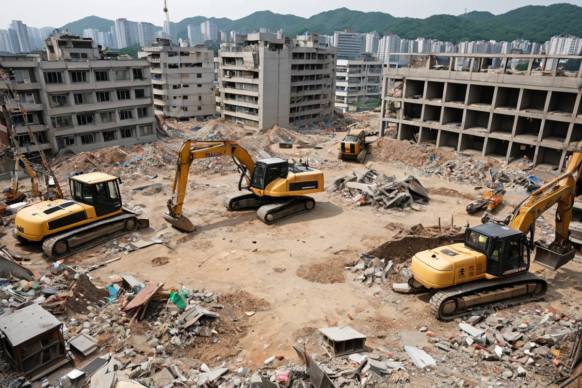 서울 성북구 봉천동 주택 철거 현장에서 전문 철거 업체의 장비가 정리되어 있는 모습, 신뢰도 높은 업체의 작업 과정을 보여주는 사실적인 사진