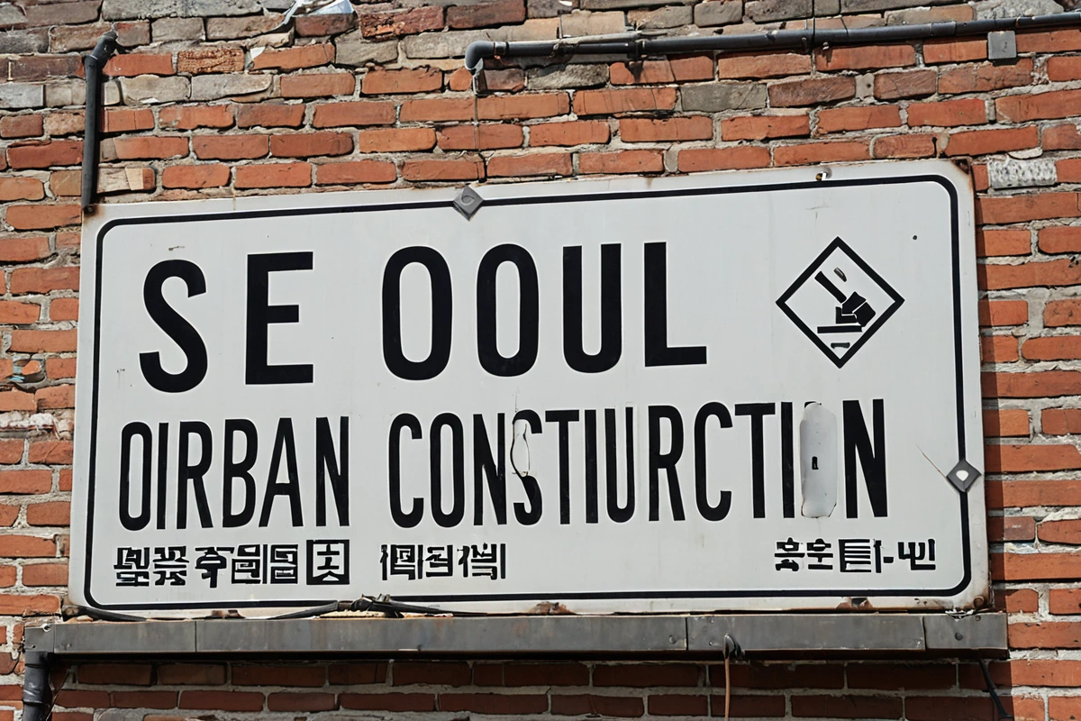 서울 성북동의 간판 철거 작업 현장, 철거 중인 간판과 정리된 철재 부품, 철거 업체의 명확한 로고가 없는 표지판이 세워진 배경