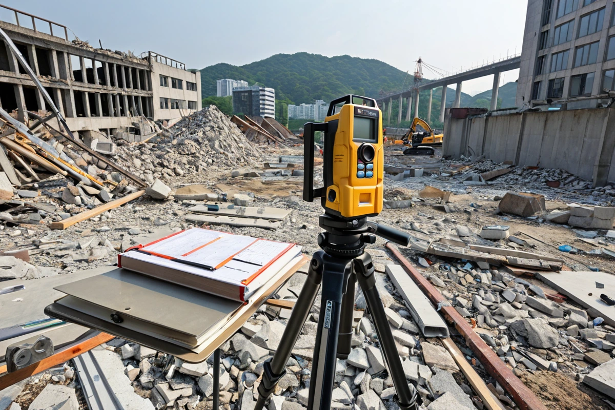 서울 성산 지역에서 철거 전문가가 현장 조사를 진행하는 모습, 구조물 상태를 정확히 파악한 후 견적서를 작성하는 과정의 사실적인 장면