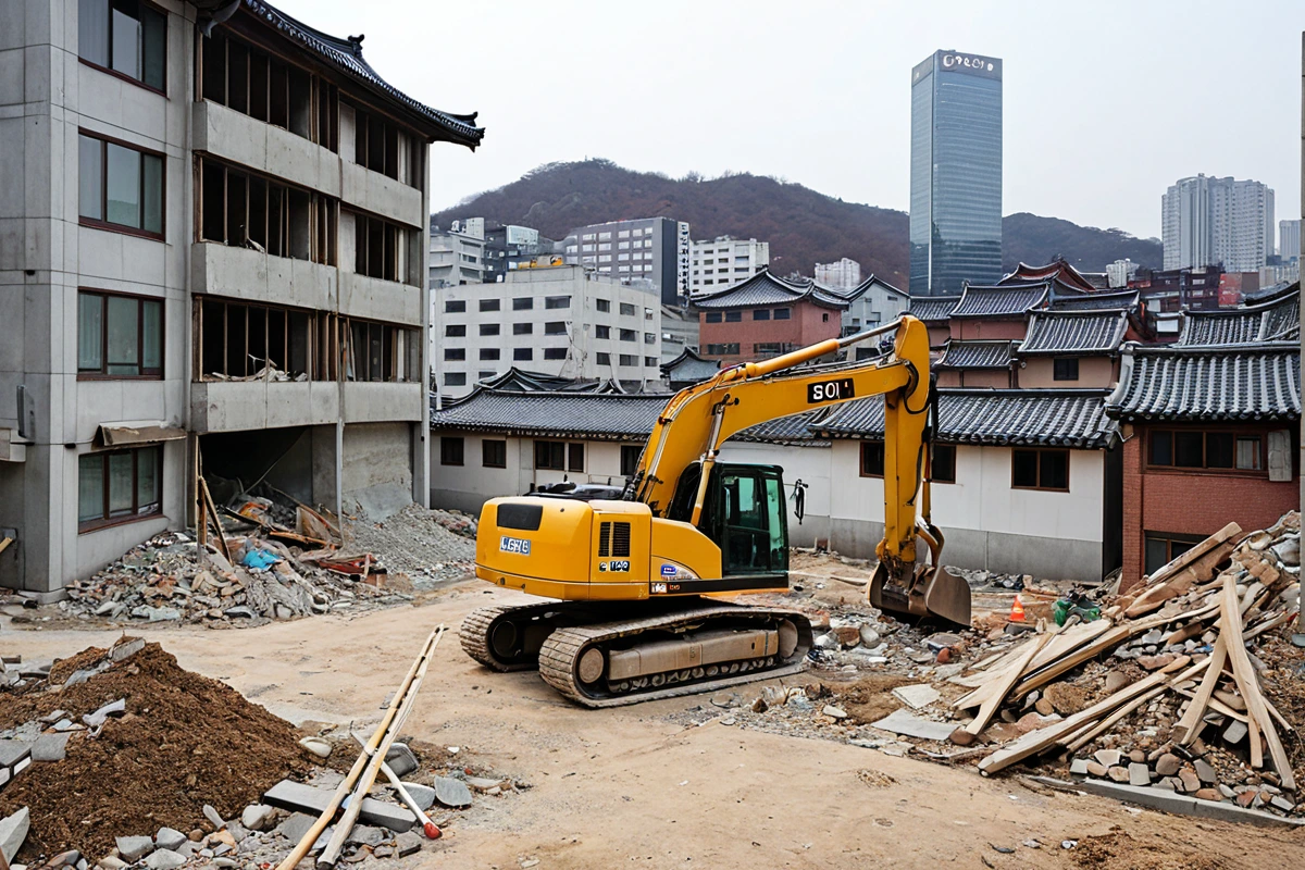 서울 성수동의 현대식 건물과 봉천동의 전통 주택이 한눈에 보이는 도시 풍경. 성수동의 철거 현장에서 작업 중인 철거 장비와 봉천동의 철거 예정 주택이 비교되는 모습. 철거 작업 현