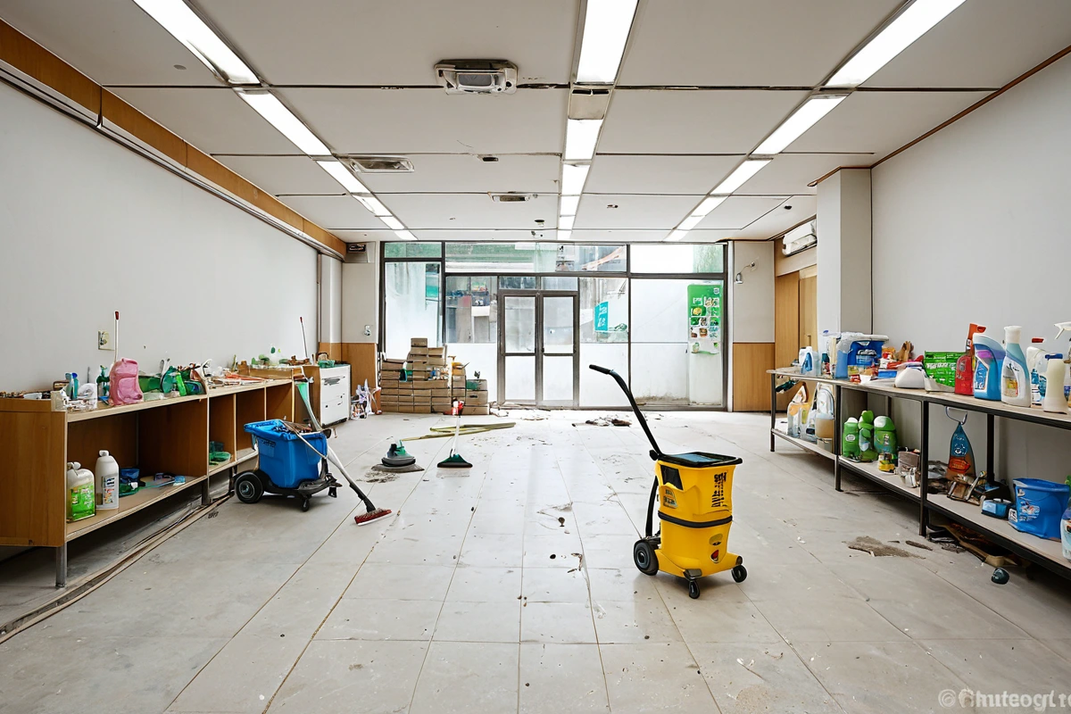 서울 성현동 점포 철거 후 청소 중인 공간에서 환경친화적 청소제와 청소 도구가 놓인 모습, 청소 중인 바닥과 벽면이 깨끗하게 보이는 사실적인 장면