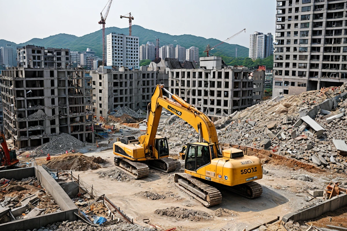 서울 세곡동 도시 개발 구역에서 철거 중인 주택의 외부 구조물, 건물 잔해와 철거 장비가 정리된 현장, 주변에 신축 중인 아파트 건설 현장이 보이는 도시 풍경