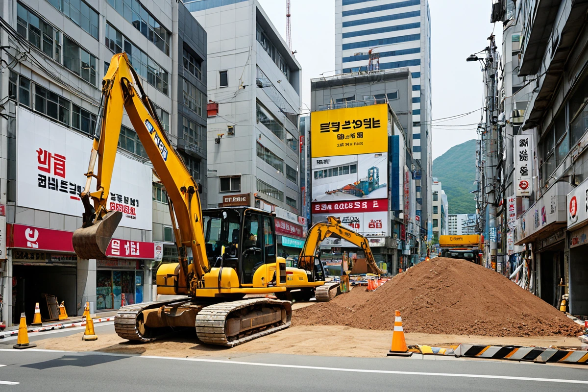서울 세곡동 상업지역의 대형 간판이 철거 중인 장면, 간판의 크기와 재질에 따라 비용이 달라지는 것을 보여주는 철거 현장에서 철거 장비가 간판을 안전하게 분리하는 모습, 주변 건물