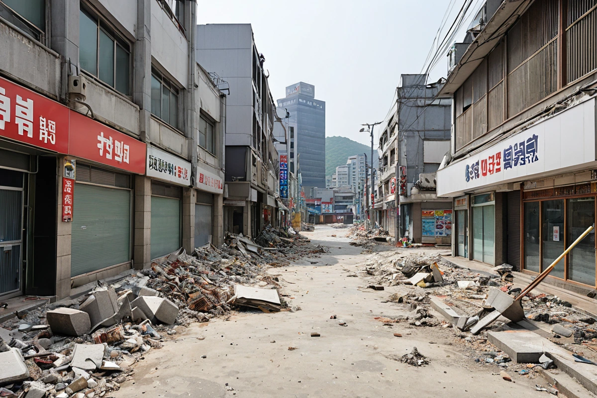 서울 세곡동 상업지역의 철거 후 청소 현장, 철거 잔해가 제거된 깨끗한 바닥과 주변 상가의 간판이 보이는 모습, 먼지가 없고 정돈된 청소 상태