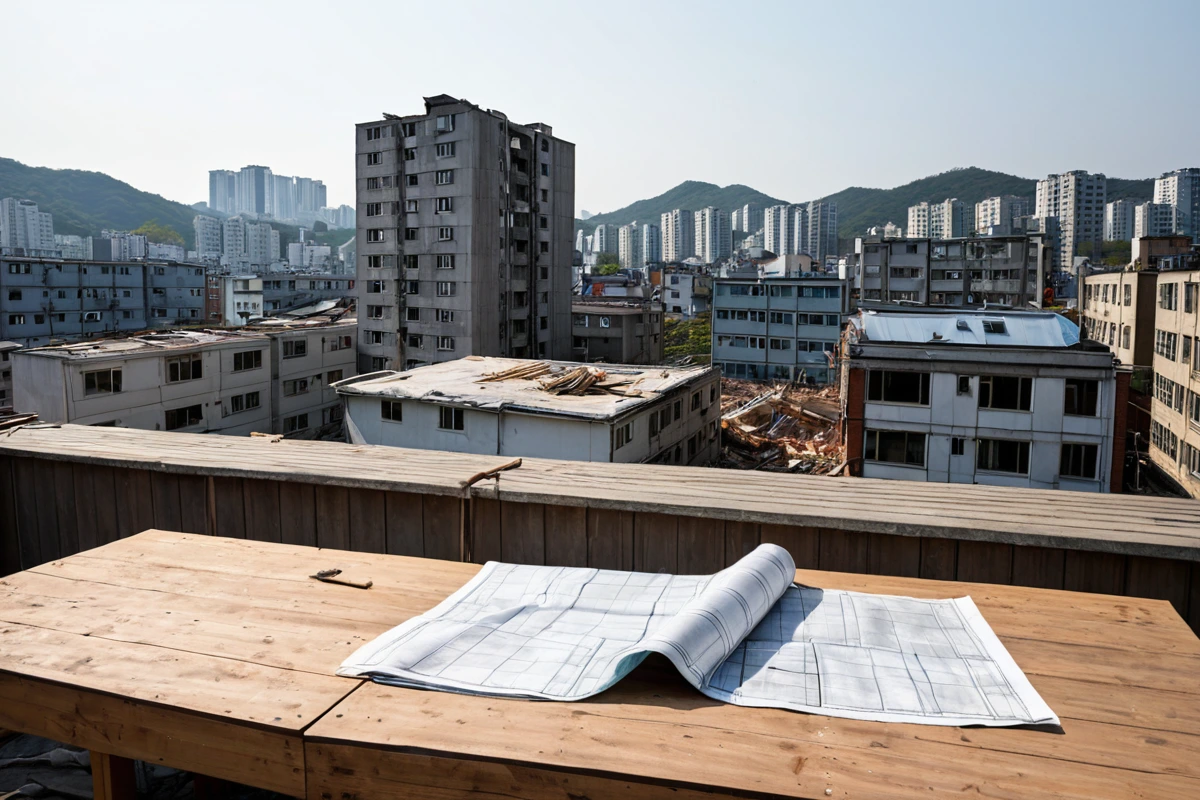 서울 세곡동 주변의 주거지역에서 철거 작업 중인 건물 외벽에 설치된 소음 방지용 특수 방음막이 부드럽게 펼쳐진 모습. 주변 건물과의 거리를 고려한 철거 계획서가 테이블 위에 놓여
