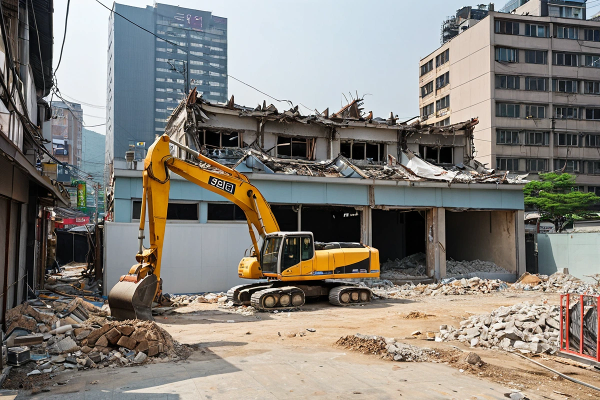 서울 소공동의 한 식당 철거 현장, 주변 상가와 주거지가 가까운 곳에서 먼지 차단용 비닐 천으로 덮인 철거 장비와 주변 건물의 외관이 보이는 장면. 철거 중인 건물의 일부 구조물이
