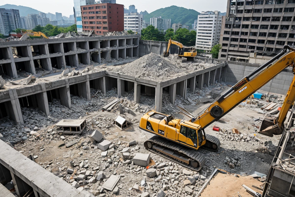 서울 소공동의 현대적인 상업 건물 철거 현장에서 콘크리트와 철골 구조의 잔해가 놓여 있는 모습, 건물의 구조적 특징이 잘 드러나는 각도에서 촬영된 사진