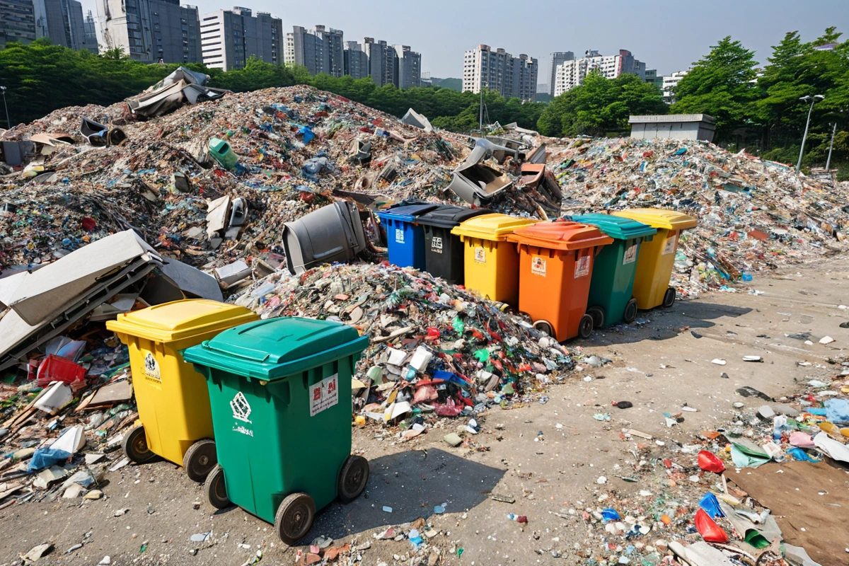 서울 소공동 지역의 철거 현장에서 건축 폐기물이 정확히 분류된 쓰레기통. 분리된 폐기물 종류에 따라 다른 색상의 쓰레기통이 배치되어 있으며, 철거 후 청소 과정에서 폐기물 분류가