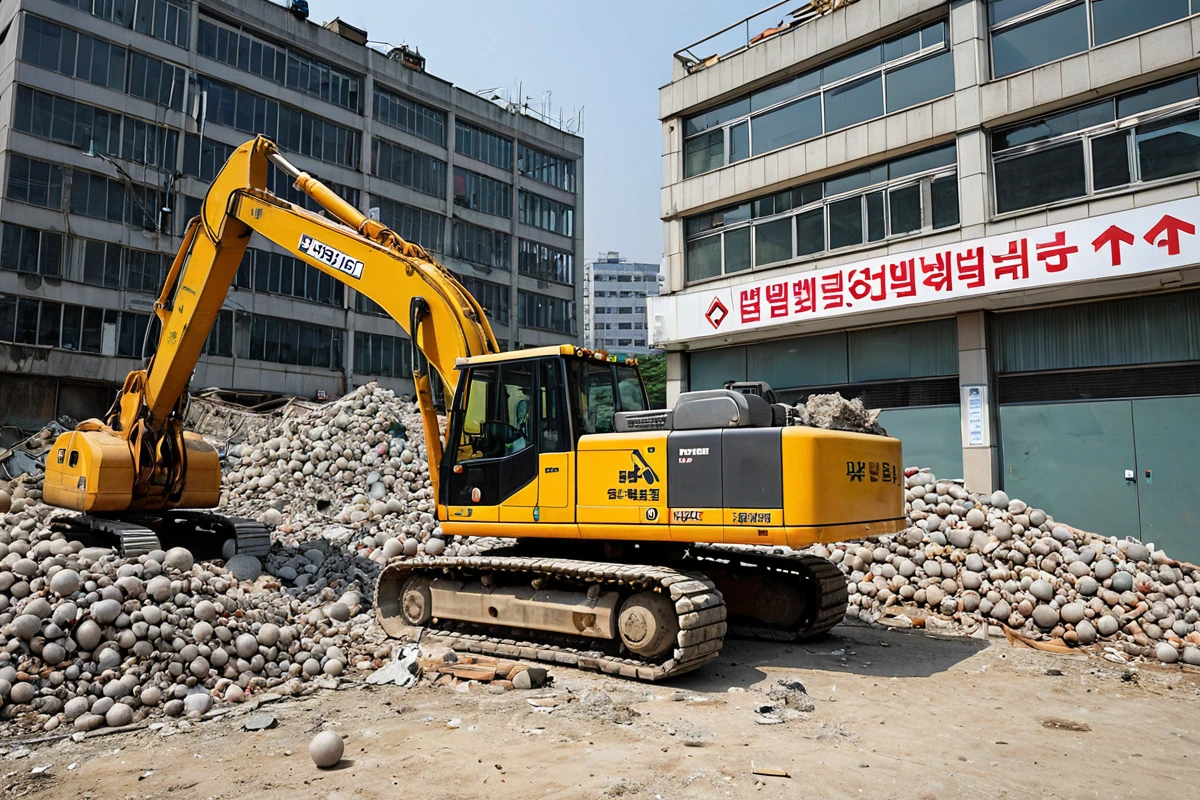 서울 송정동 사무실 철거 업체의 사무실 외부, 철거 장비와 안전 표시가 정리된 공간. 철거 업체의 전문성을 나타내는 간결한 표시물이 없고, 철거 장비와 공간이 자연스럽게 배치된 장