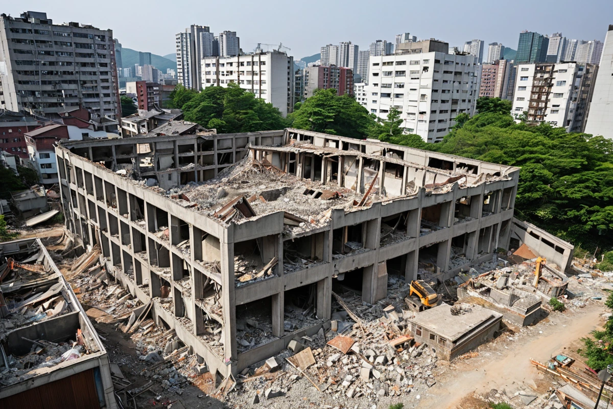서울 송정동의 주택 철거 현장에서, 철거 중인 주택의 철골 구조물과 콘크리트 벽면이 드러나는 모습. 평당 10만 원에서 30만 원 비용 산정을 고려한 구조물의 구체적인 면적과 높이