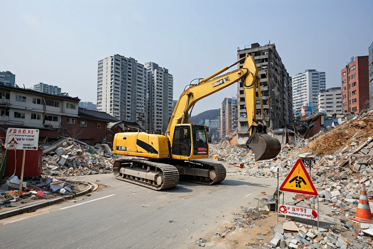 서울 송정동 주택 철거 현장 주변의 도로와 주변 건물이 보이는 안전 계획 수립 현장. 철거 장비가 주변 건물과 도로를 고려해 안전하게 배치된 모습으로, 안전 점검을 위한 표지판과