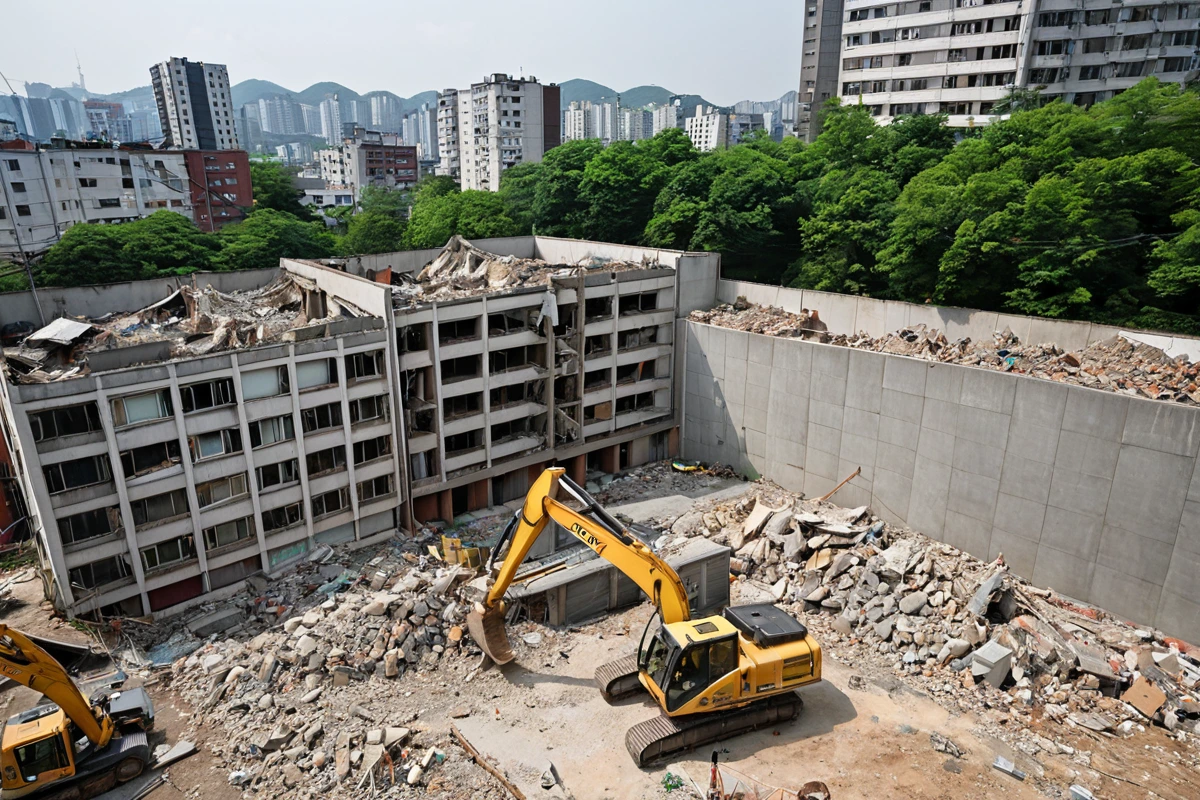 서울 송파구 가락동 상업 및 주거 혼재 지역에서의 철거 공사 현장, 소음 관리 차단막이 설치된 건물 외벽과 철거 중인 주택 구조물의 세부 모습