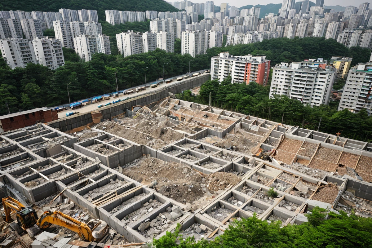 서울 송파구 가락동의 주거지와 상업지가 혼재된 도시 풍경, 주변 건물에 대규모 주택 단지가 밀집해 보이고, 철거 작업 중인 구조물의 일부가 보이는 현장, 소음 차단용 흡음재가 설치
