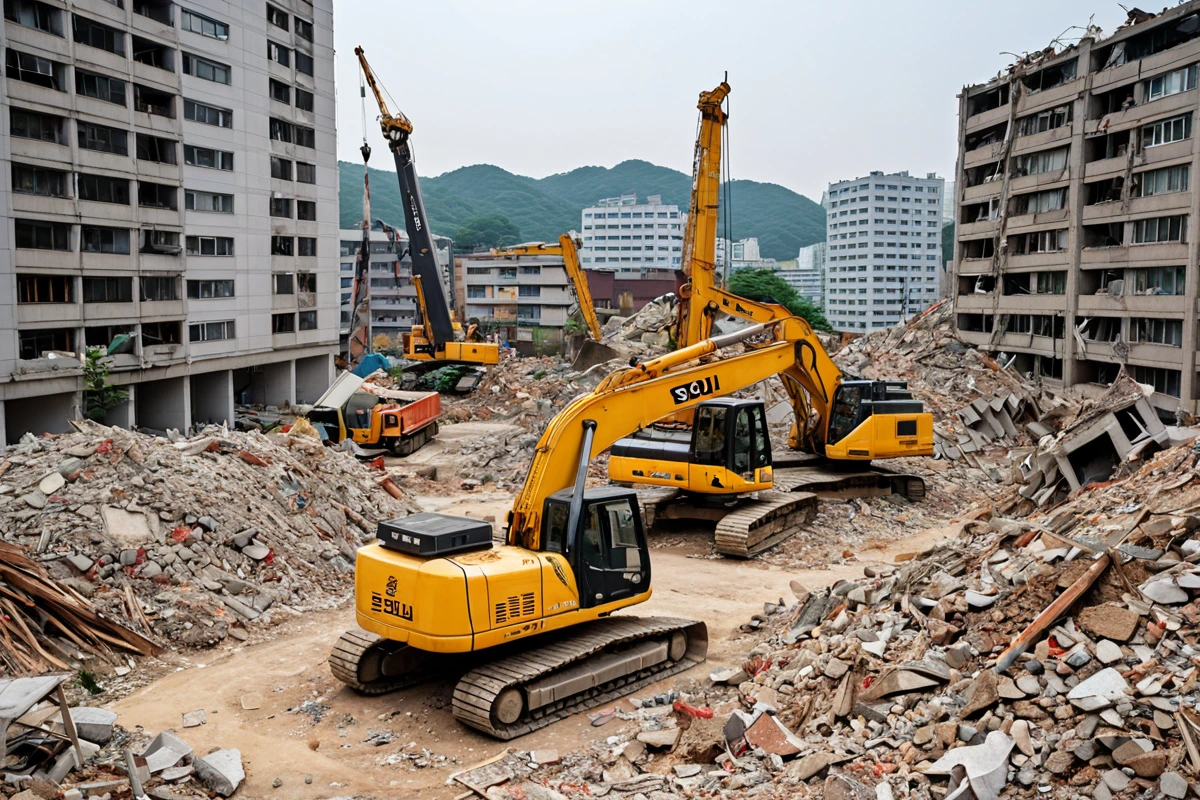 서울 송파구 가락동의 주택가에서 부분 철거 중인 현장, 구조물의 일부가 철거된 후 남은 벽면과 철거된 재료가 쌓여 있는 모습, 철거 작업 중인 장비가 정리된 채로 남아 있는 현실적