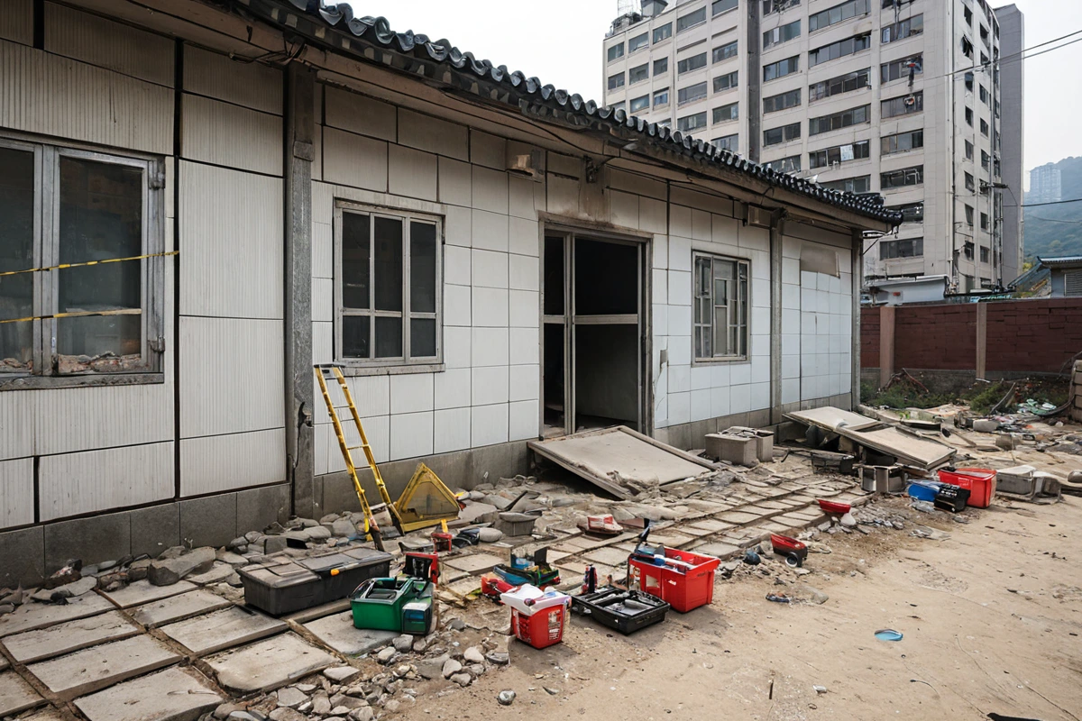 서울 송파구 가락동의 피시방 외부, 철거 작업 전 현장 점검을 위한 측정 도구가 놓인 채로 정리된 공간. 철거 예정 건물의 구조물이 손상되지 않은 상태로 확인 가능한 모습.