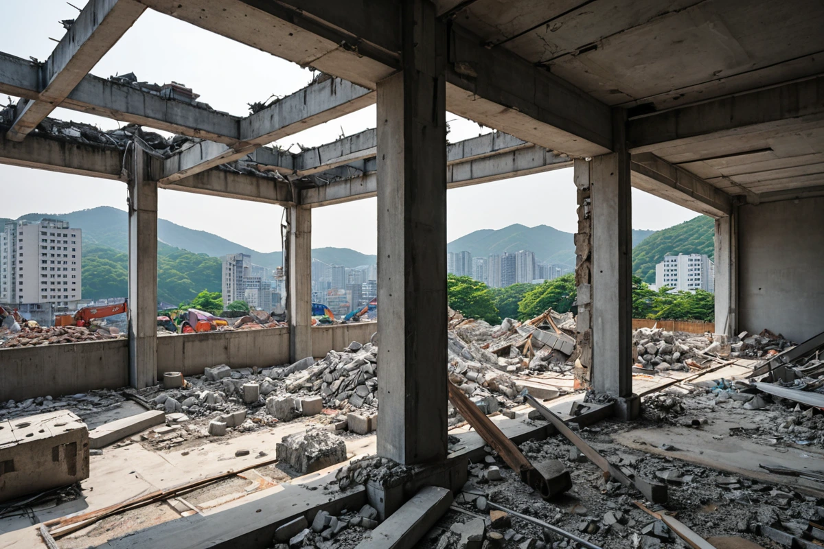 서울 송파구 가락동 주택 철거 현장에서 철거 대상물의 구조와 재질을 정확히 파악하기 위해 현장 점검 중인 전문 장비와 철거 대상물의 세부 구조가 드러난 사실적인 장면