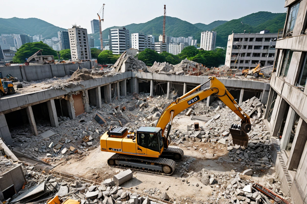 서울 송파구 거여동 사무실 철거 현장에서 철거 업체의 전문 장비와 철거 작업 과정을 보여주는 사실적인 장면, 철거 중인 건물 구조와 재료를 정확히 파악하는 과정을 강조한 사진