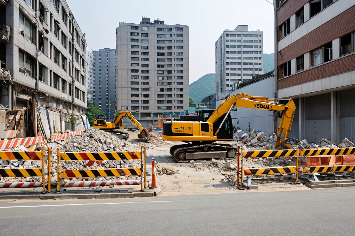 서울 송파구 거여동의 도시 개발 구역에서 철거 작업 중인 건물의 외관, 도로 위에 설치된 안전 경계선과 철거 장비가 정리된 모습, 인근 건물과의 조화를 보이는 도시 풍경