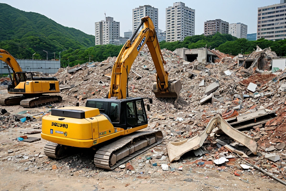 서울 송파구 거여동의 사택 철거 현장, 저가 철거 업체의 표지판이 없는 철거 작업 중인 공간, 철거된 건물 잔해와 철거 장비가 정리된 모습, 철거 과정에서 예상치 못한 추가 비용을
