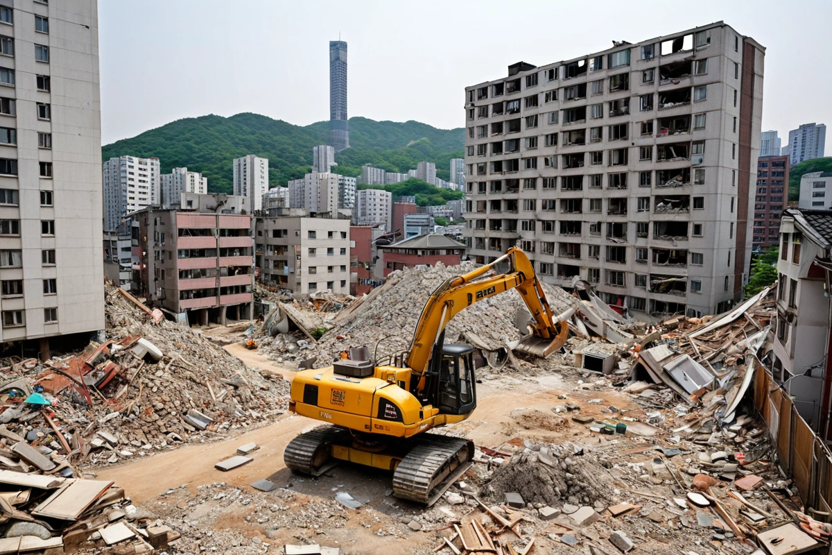 서울 송파구 고밀도 주택가에서 철거 작업 중인 장비가 배경으로 보이는 풍경, 건물 외벽에 철거 작업 중임을 알리는 안전 표시가 부착된 모습.