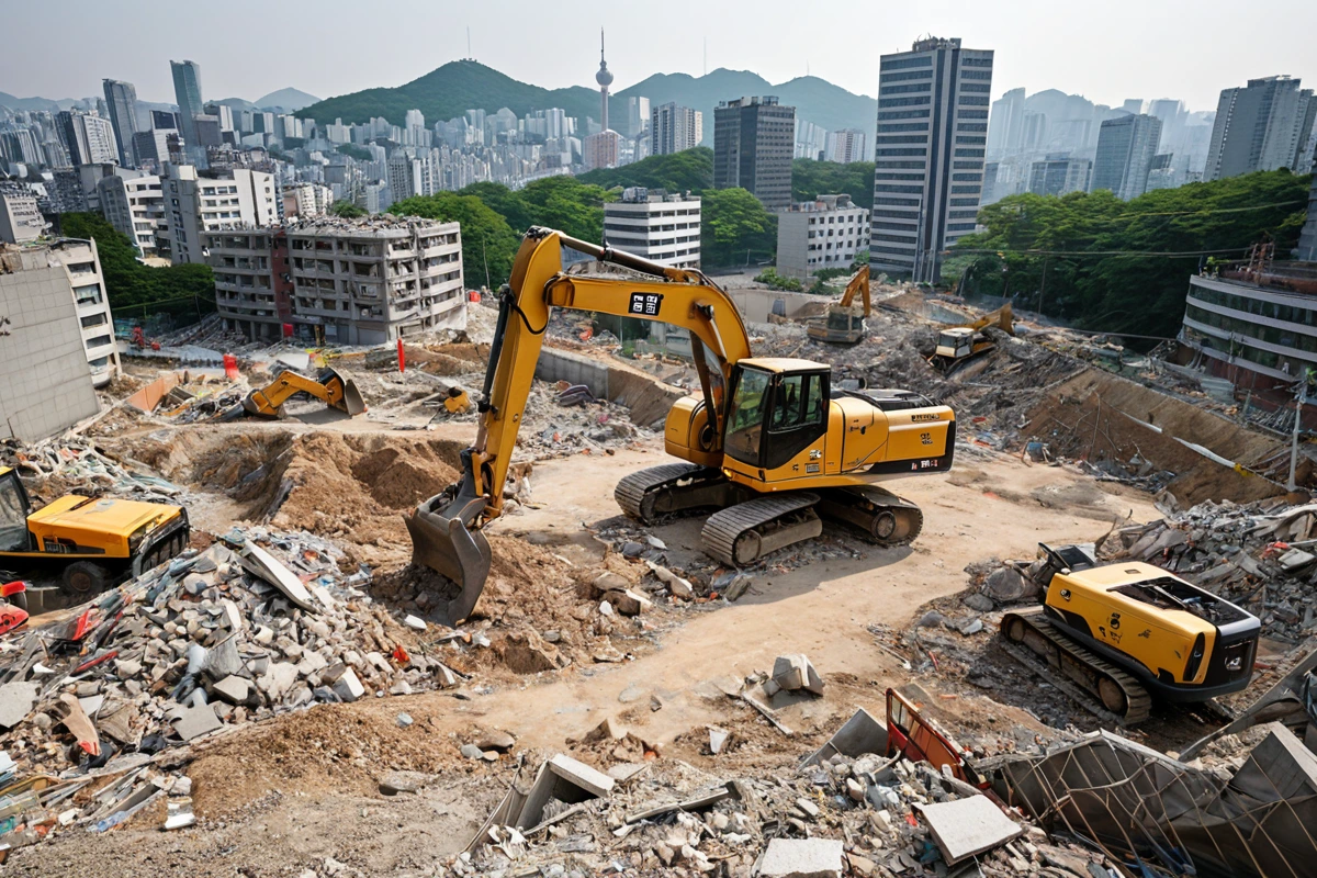 서울 송파구 내부의 주택 철거 현장과 인근 강남구의 철거 비용 비교를 위한 표시판이 없는 비교적 평탄한 철거 작업 현장. 봉천동과 주변 지역의 철거 비용 차이를 자연스럽게 보여주는