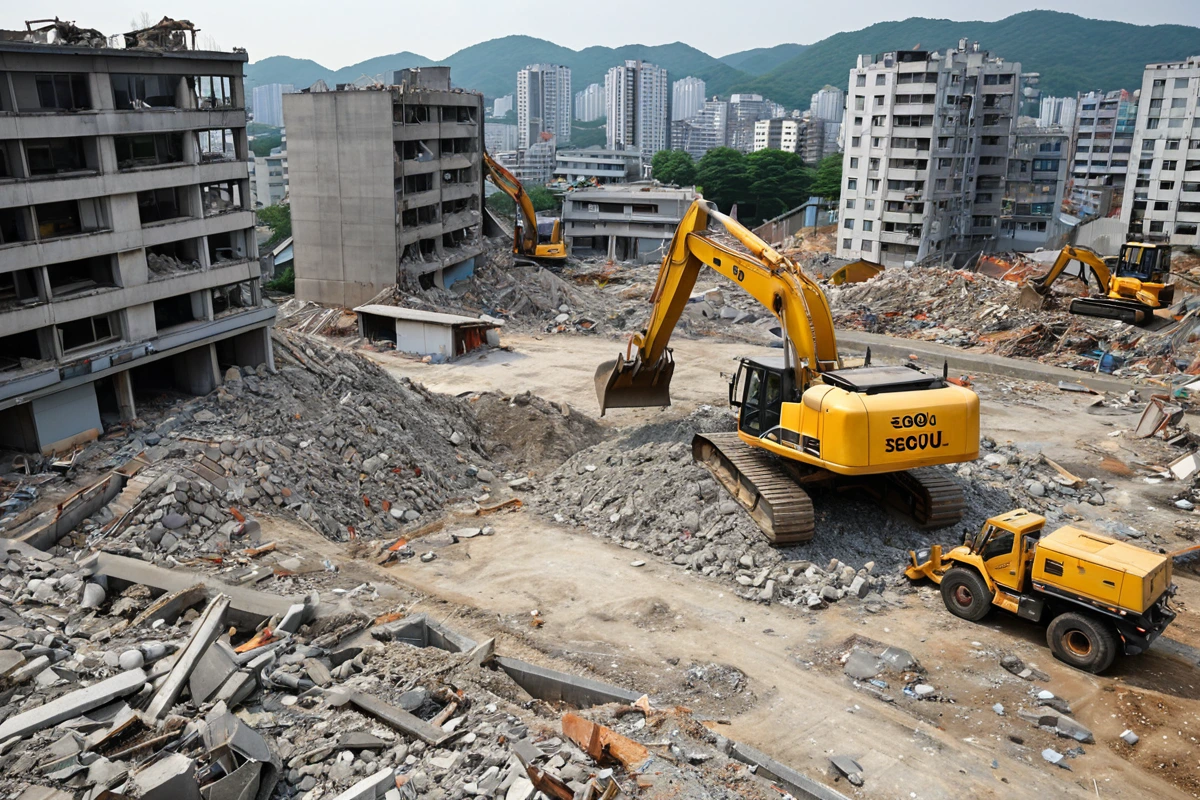 서울 송파구 마천동 30평형 주택 철거 현장, 철거 작업 중인 중장비와 철거된 건물 잔해, 폐기물 처리 차량이 배치된 모습, 주변에 주거지가 보이는 도시 풍경