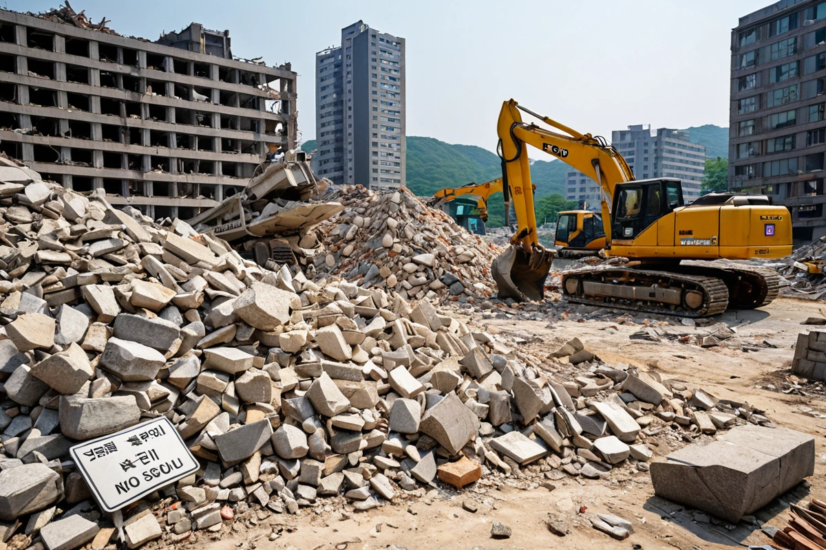 서울 송파구 마천동의 주택 철거 현장에서 철거 기계가 안전하게 철거 작업을 진행하고 있는 모습. 철거된 건물의 잔해가 깔끔하게 정리된 배경과 철거 업체의 안전 표지판이 보이는 풍경