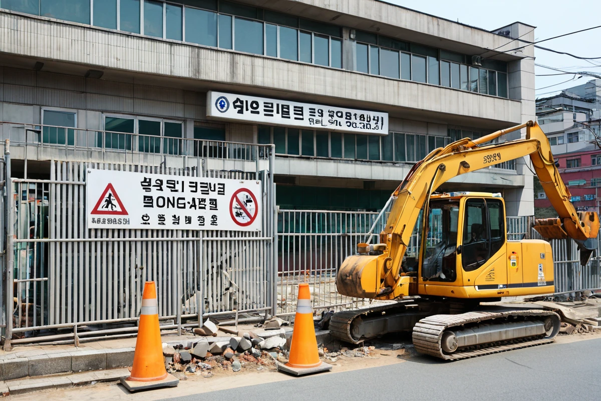 서울 송파구 마천동의 학원 건물 외관, 철거 준비를 위해 철거 표지판이 부착된 건물 벽면과 주변 도로에 정리된 철거 장비가 배치된 모습. 학원 건물의 간판이 사라진 상태에서 철거