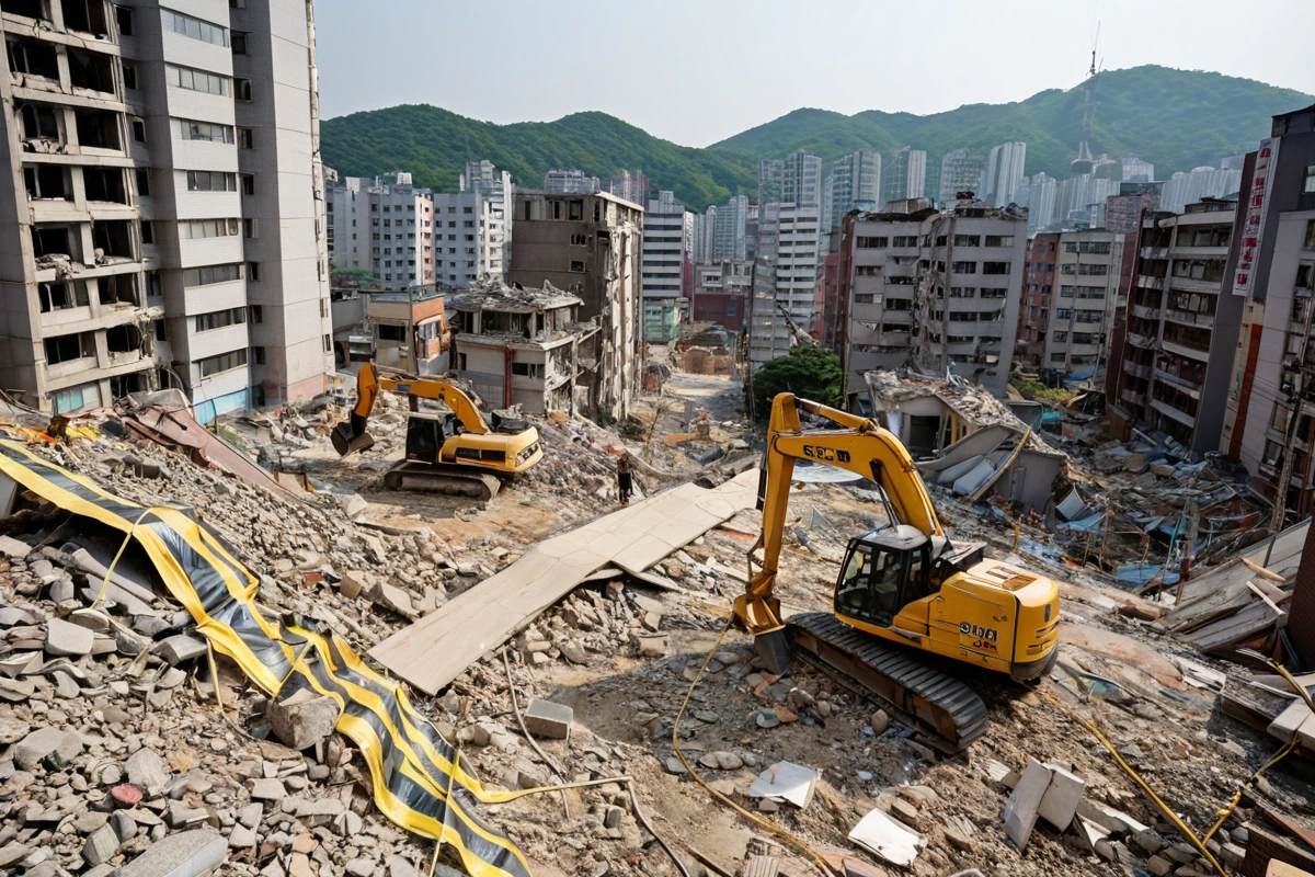 서울 송파구 마천동 주거 밀집 지역의 철거 현장, 안전 테이프로 구획된 작업 공간, 철거 중인 건물과 주변 건물 간 안전 거리가 명확히 보이는 도시 풍경