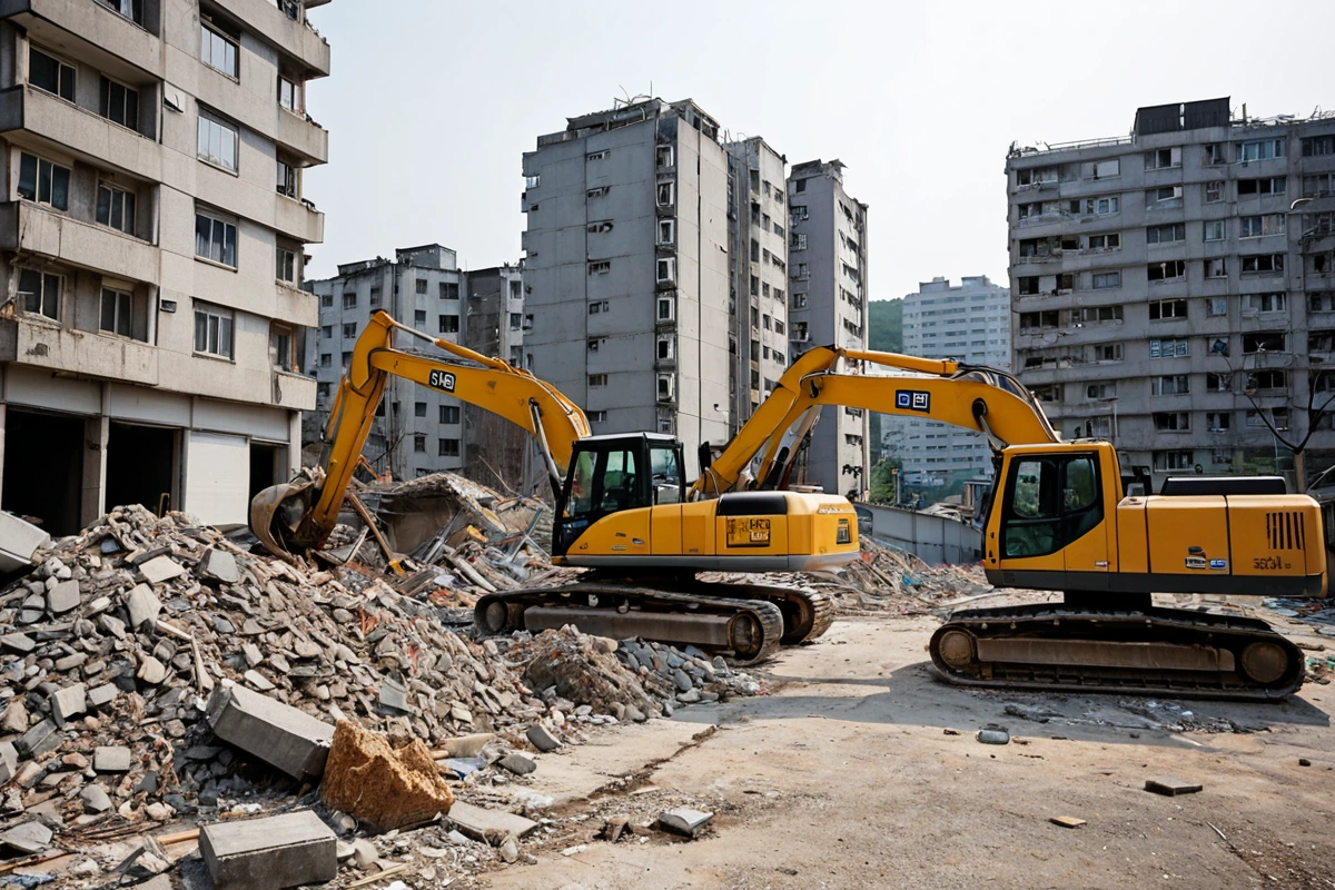 서울 송파구 마천동 주택가의 철거 현장, 주변 건물과 비교해 비교적 조용한 환경에서 철거 중인 장비와 철거된 구조물의 모습